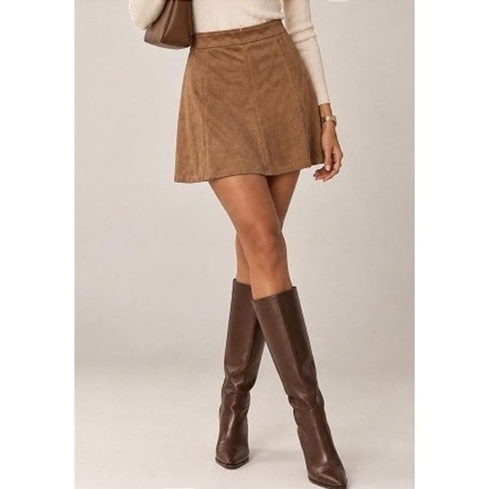 LOFT Faux Suede Boho Mini Skirt Women Size 12 Tan A-Line Back Zip Fall